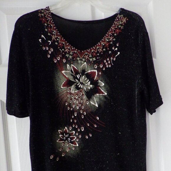 Unbranded Womens Top Short Sleeve Florial Glitter Festive Feminine Black Rust - Picture 1 of 6